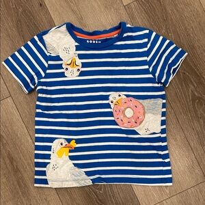 Mini Boden Blue and White Striped Tee with Seagull and Donut Design